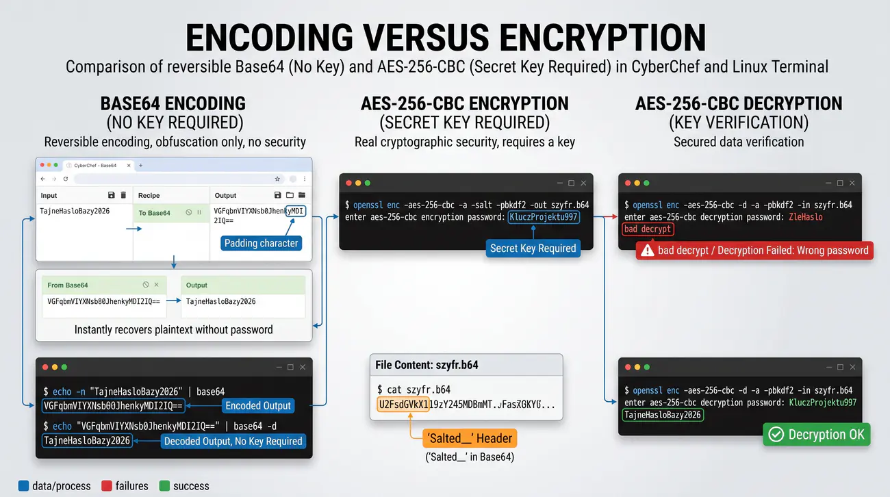 Rysunek 1. Porównanie kodowania Base64 z szyfrowaniem symetrycznym OpenSSL AES-256-CBC.