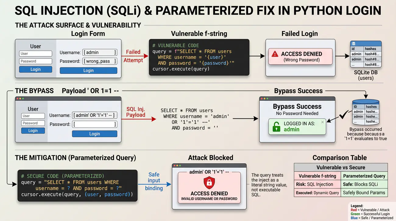 Rysunek 21. Demonstracja ataku SQL Injection i jego neutralizacja zapytaniem parametryzowanym.