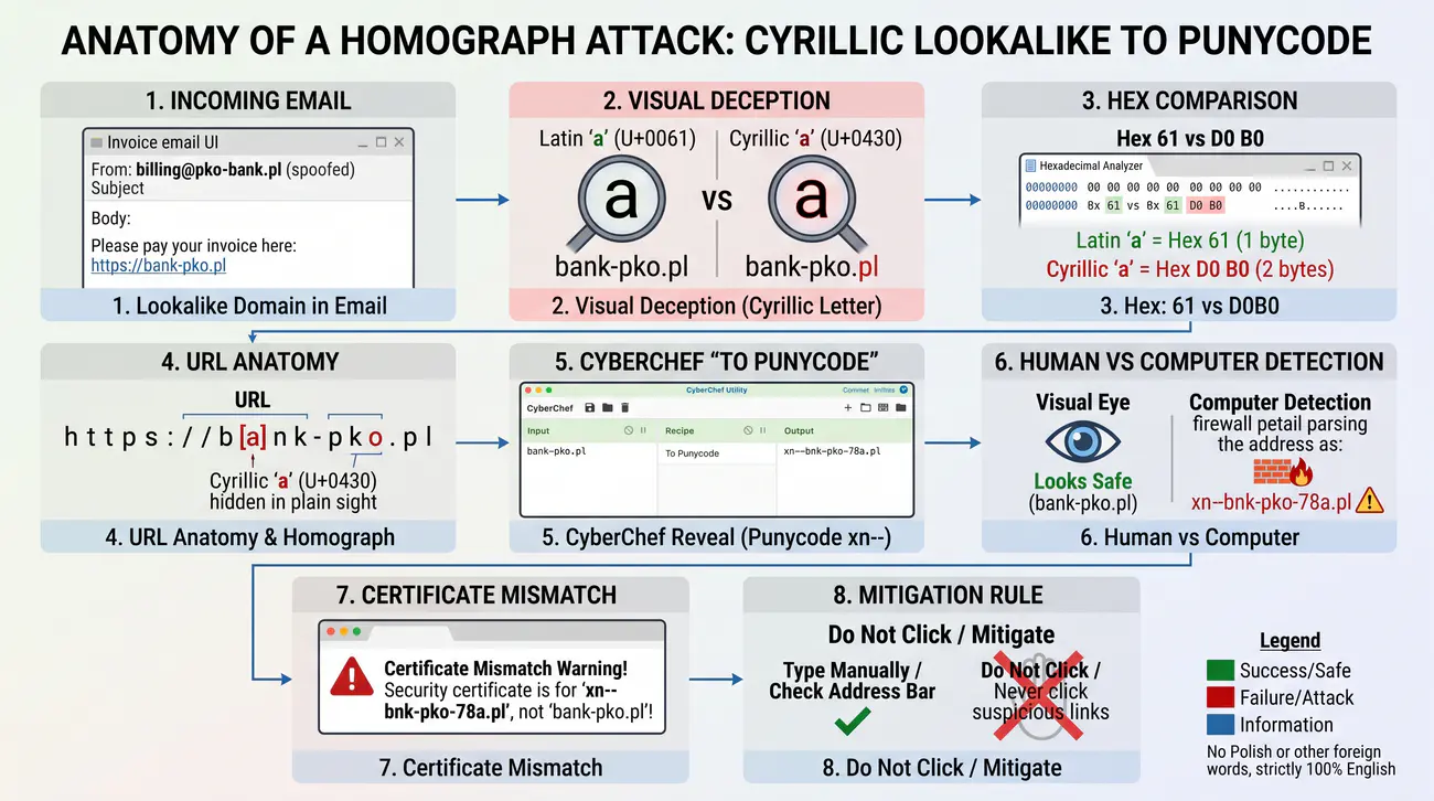 Rysunek 24. Demaskacja ataku homograficznego IDN za pomocą konwersji Punycode w CyberChef.