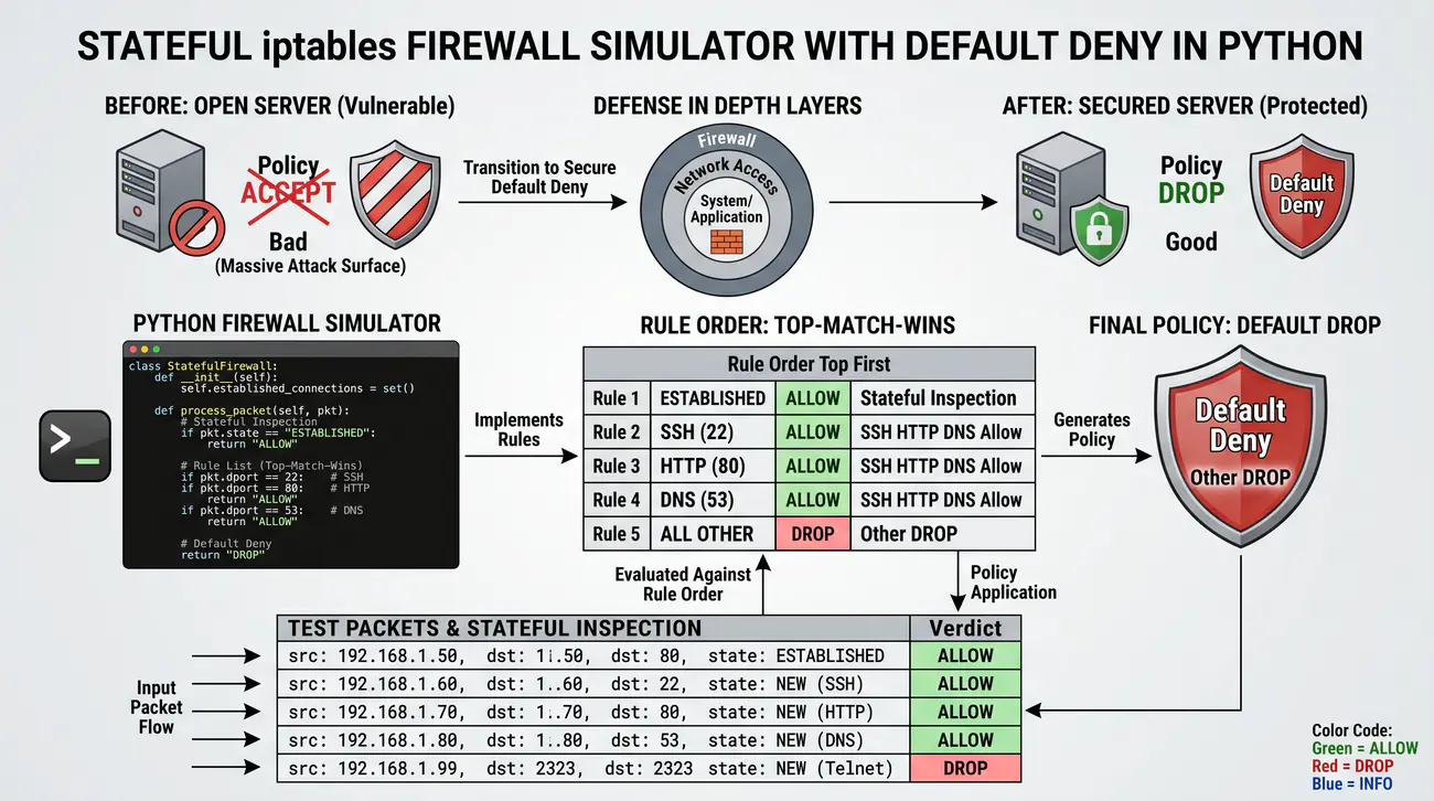 Rysunek 30. Symulacja stanowej zapory Iptables z zasadą Default Deny w Pythonie.