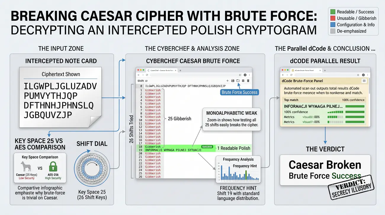 Rysunek 41. Łamanie siłowe szyfru Cezara - przegląd 26 przesunięć w CyberChef.
