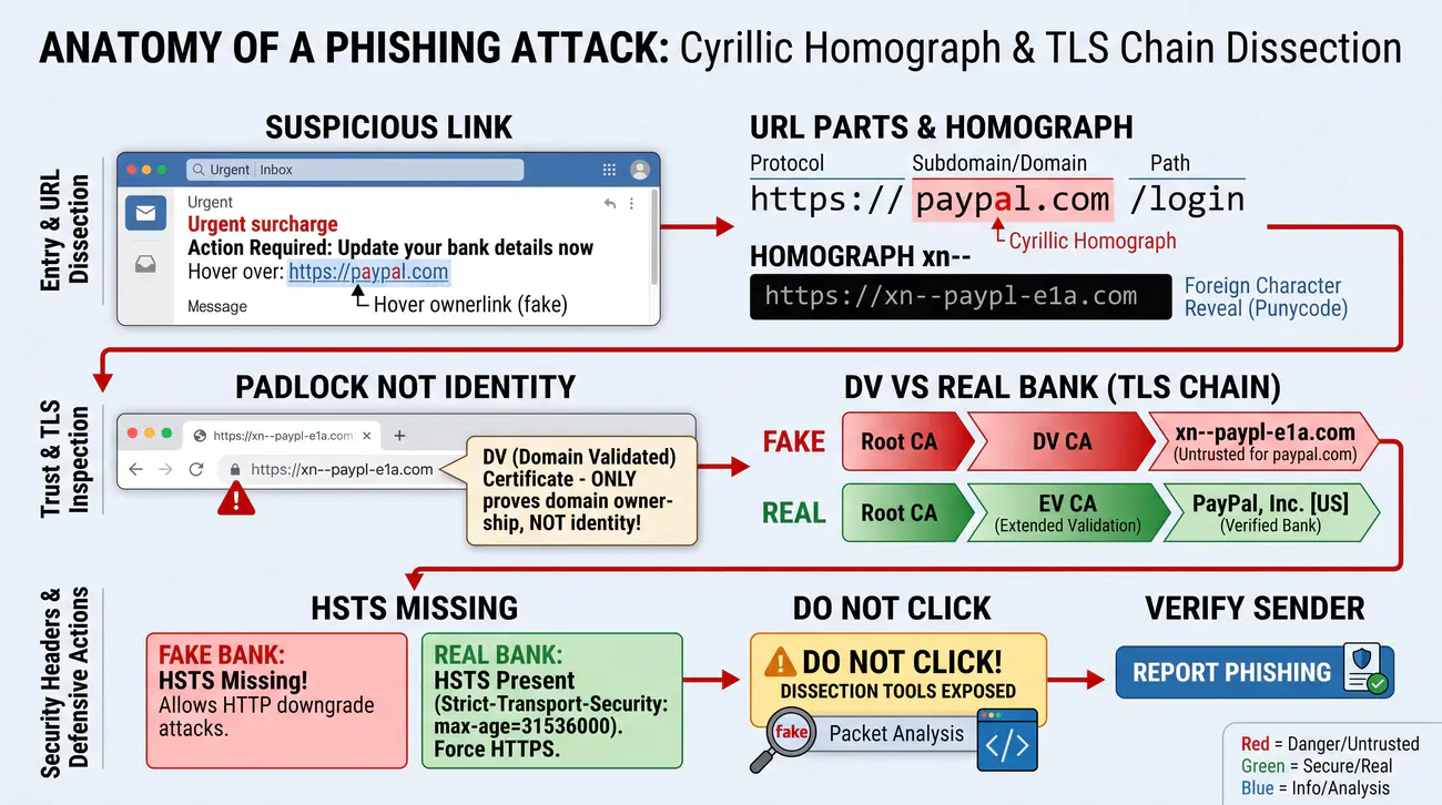 Rysunek 48. Analiza phishingu - rozbiór adresu, Punycode i certyfikat TLS.